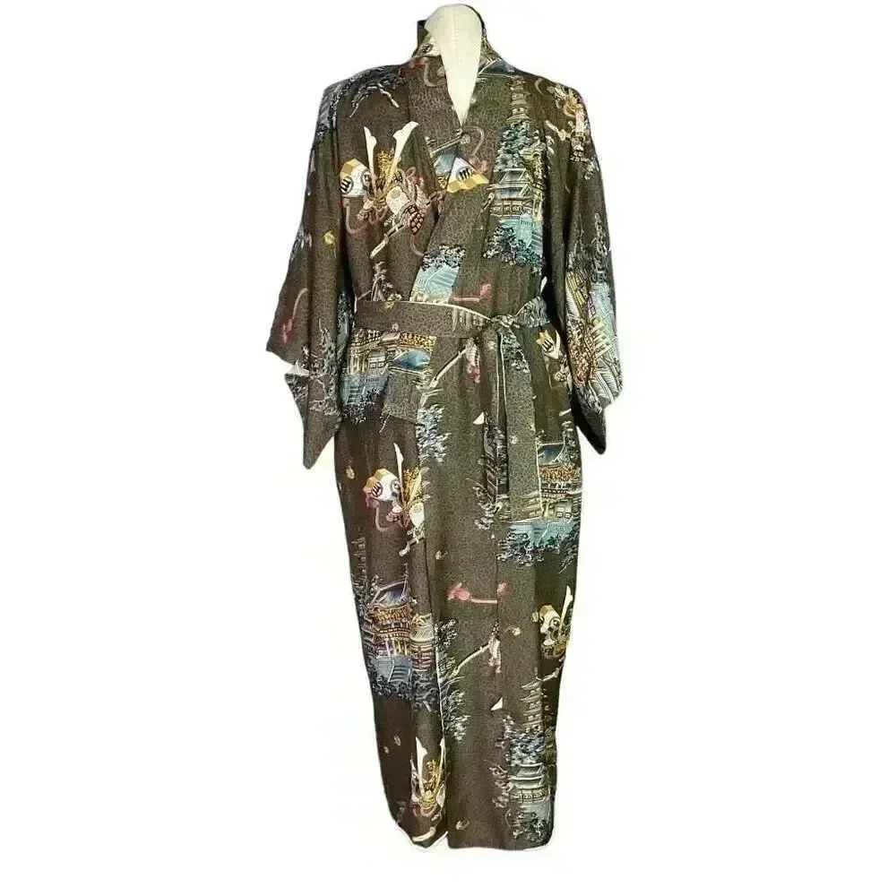 Japanese Kimono Brown Multicolor Mens Pagoda Samurai Helmet Print Lined Belt